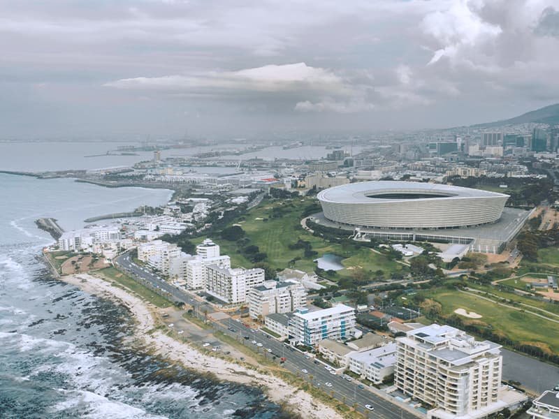 An aerial view off the coast of Cape Town, South Africa near the shore