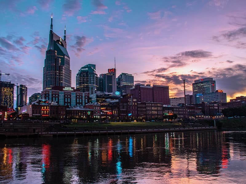 Nashville, Tennessee skyline with a water view