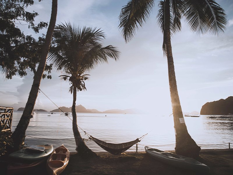 a hammock between two trees on the beach at sunset in the Phillipines